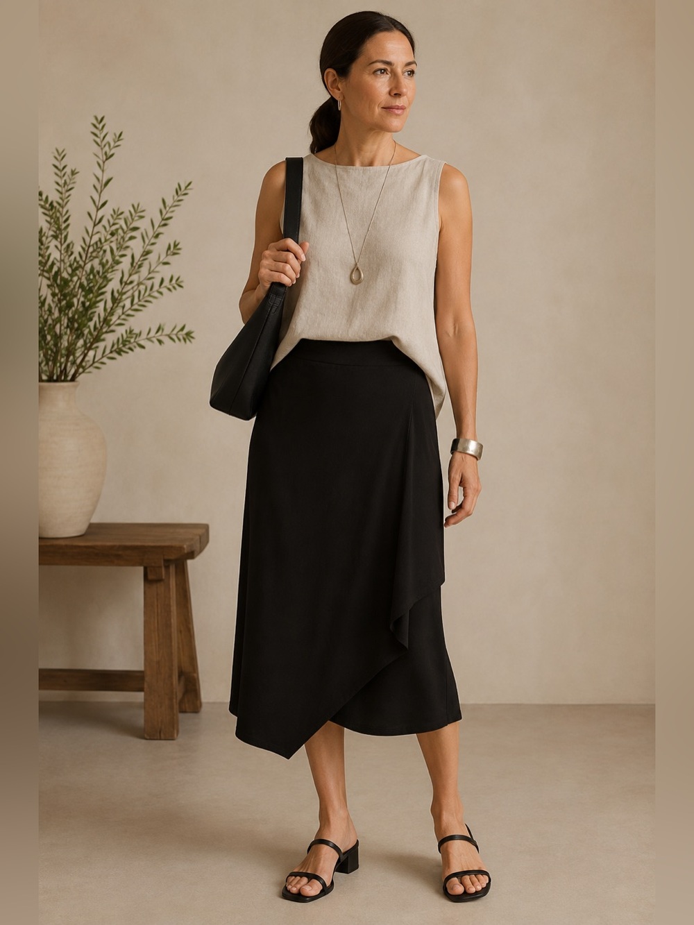 Eileen Fisher Black Faux Wrap Midi Skirt Size Medium NWT $158
